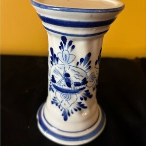 Vintage Blue and White Ceramic Pillar Candle Holder cup has a chip